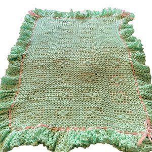 Handmade crochet baby crib blanket mint green pink satin ribbon